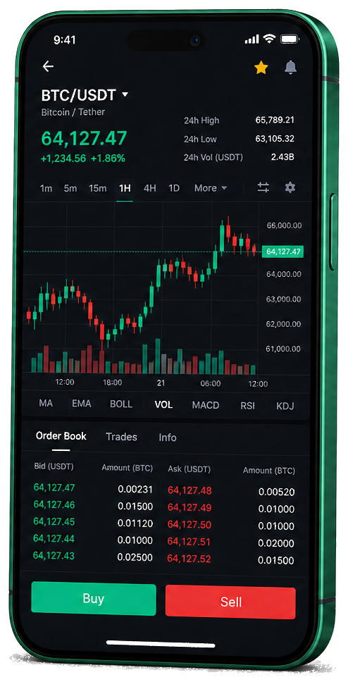 GuadeFin Hub trading platform on mobile — live BTC/USDT chart, order book, and buy/sell interface